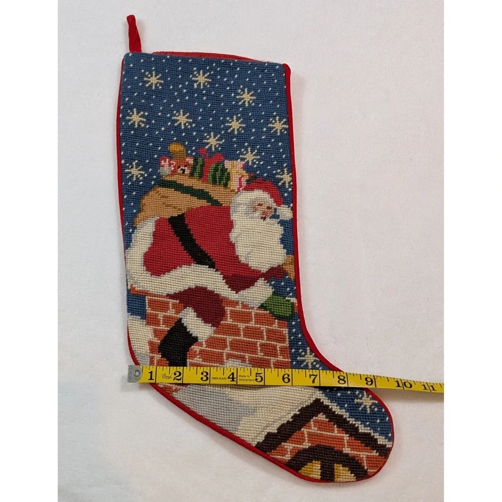 Vintage Christmas Stocking Wool Needlepoint Santa Chimney Roof Bag of Toys Stars